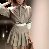 Anokhinaliza Autumn New Korean Polo Collar Contrast Color Striped Loose Long-sleeved Shirt Women + Pleated A-line Skirt Two-piece Suit