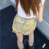 Anokhinaliza Vintage Letter Embroidery Washed Sexy Denim A-line Skirt Women 2024 Summer New Streetwear Distressed Frayed Casual Mini Skirt