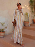 Anokhinaliza Contrast Crochet Slim Holiday Long Dress 2024 New Summer Sexy V-neck Long Sleeve Side Split Maxi Dresses Elegant Fashion Vestido