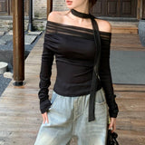 Anokhinaliza Off-shoulder Mesh Splicing Sexy Long-sleeved T-shirt Women 2024 Autumn New Korean Lace-up Solid Color Casual Pleated Tops