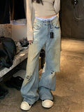 Anokhinaliza Woman Y2k Grunge Baggy Low Waist Bottoms Hole Ripped Jeans Denim Pants Floor-Length Vintage Trousers Japanese Kpop  2000s Baddie