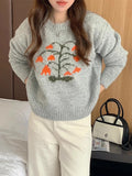 Anokhinaliza Korean Chic Sweaters Autumn Winter Vintage Age Reduction Pullovers Flower Print Thin Long Sleeve Tops Women Clothing