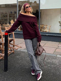 Anokhinaliza Off-shoulder Casual Knitted Women's Sweater Solid Color Loose Long Sleeve Pullover Women Fashion Retro Comfortable Sweaters