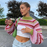 Anokhinaliza Y2K Cropped Knit Striped Smock Top Women Fashion Crochet Sweater Pullovers  Vintage Loose Long Sleeve Cover-ups Streetwear