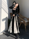 Anokhinaliza Vintage Knitted Patchwork Floral Dress Irregular Design Sense Hepburn Wind Sweet Fashion Slim Summer New Black Long Dresses