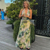 Anokhinaliza Tie Dye Green Print Two Piece Skirt Set Women Deep V Maxi Long Skirt And Top Vacation 2024 Summer Beach Dresses