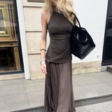 Anokhinaliza Brown Ruched Maxi Dress for Women Elegant Sleeveless Slim Evening Party Dresses Summer Fashion Bandage Holiday Outfits