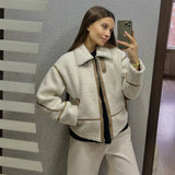 Anokhinaliza Fashion Winter Warm Lambwool Jacket Women Long Sleeve Zipper Jackets Coat Female Autumn Casual Lapel Coat