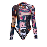 Anokhinaliza Fashion Pattern Print Skinny Bodysuits Rompers Female Long Sleeve Oneck Bodysuits High Street Sexy Body