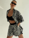 Anokhinaliza Women Two Piece Sets Outfits Zebra Printed Loose Shirt Tops And High Waist Shorts Set Casual Streetwear Summer New