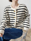 Anokhinaliza - Striped Panelled Soft Elegant Cardigan Sweater Women's Vintage Cropped Sweet Girlish Popular Temper Y2k Clothes 5R315