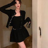 Anokhinaliza Autumn New Streetwear Bow Button Casual Black Long Sleeve Cardigan Women + Sexy Backless Knitted Dress Two-Piece Suit