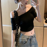 Anokhinaliza Streetwear Hollow Backless Sexy Short-sleeved T-shirt Women 2024 Summer New Off-the-shoulder Solid Color All Match Crop Tops