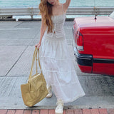 Anokhinaliza Summer New Korean Lace Up Single-breasted Sexy Slim Camisole Women + Loose Casual Pleated Mid-length Skirt Two-piece Suit