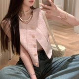 Anokhinaliza Vintage Single-breasted Loose Casual Sweet Tank Tops Women 2024 Summer New Korean O-neck Solid Color All Match Tweed Crop Tops