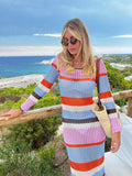 Anokhinaliza Crochet Knitted  Hollow Out Long Dress O Neck Wrap Hip Color Striped Patchwork Maxi Dresses Women Beach Vacation Casual Vestido