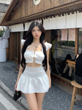 Anokhinaliza Summer New Korean Hollow Single-breasted Ruffled Sexy Camisole Women + High Waist Casual A-line Skirt Two-piece Suit