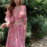 Anokhinaliza Summer New Korean V-neck Pleated Floral Casual Long-sleeved Shirt Women + Lace-up Pleated Loose A-line Skirt Two-piece Suit