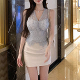 Anokhinaliza Summer New Korean V-neck Hollow Lace Splicing Sexy Camisole Women + Casual Pleated A-line Skirt Two-piece Suit