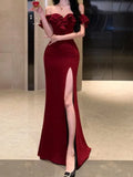 Anokhinaliza Women Bodycon Wedding Evening Party Dresses Sexy High Split Ruffles Strapless Dress Summer Elegant Burgungy Graduation Clothes