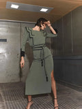 Anokhinaliza Women Elegant Slim Green Lace Up Spliced Midi Dress Chic Square Neck Long Sleeves Slit Vestidos 2024 Chic Female High Streetwear