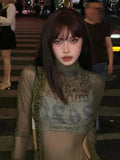 Anokhinaliza Vintage Y2k Graphic Mesh T Shirts Women 2000s Grunge See Through Slim Kpop Tops Hollow Aesthetic Long Sleeve Tee Shirts