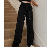 Anokhinaliza Women's Bottoms Black Printing Drawstring Sweatpants Casual High Waist Straight Mopping Pants Fashion Baggy Wide Leg Trouser