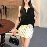 Anokhinaliza Summer New Korean Backless Pleated Loose Casual Camisole Women + Sexy Slim Polka Dot A-line Skirt Two-piece Suit