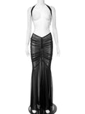 Anokhinaliza Woman See-through Long Maxi Mesh Dress Sets Sexy Elegant Spring Long Sleeve Bodysuit and Skirts Two Piece Set Party Club Outfit