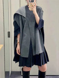 Anokhinaliza Fashion Retro Grey Women's Cloak Coat Casual Loose Round Neck Sleeveless Cardigan Coats Women Elegant Solid Color Outerwears