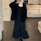 Anokhinaliza Spring New Korean Floral Print Pleated Elegant Sling Dress Women + Loose Casual Long-sleeved Cardigan Two-piece Suit