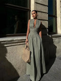 Anokhinaliza Elegant Cotton Solid Sleeveless Women Maxi Dress Fashion V Neck Zipper Office Slim Linen Dresses 2024 Summer Lady Commuting Robe