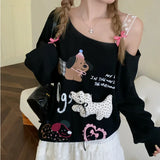 Anokhinaliza Streetwear Strapless Cartoon Printed Sexy Long-sleeved T-shirt Women Autumn American Lace Patchwork Loose Casual Tops