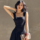 Anokhinaliza Y2K Wide Strap Panele Chiffon Gather Maxi Dress Folds Formal Summer Vintage Tank Black Dress Women Party Clubwear Long Robe