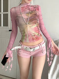 Anokhinaliza Japanese Y2k Mesh Tops 2000s Aesthetics Pink T-shirt Korean Fairycore Women Sexy Crop Long Sleeve Sheer Tops Harajuku Lolita 00s