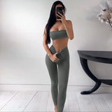 Anokhinaliza Good Quality Women 2 Piece Pants Sets Summer Sport Outfits Tube Crop Top And Drawstring Long Leggings Training Suit