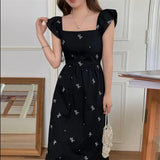 Anokhinaliza New Summer Fashion Bow Embroidery Black A Line Dress French Retro Square Collar Fairy Dress Flying Sleeve Slim Midi Party Dress