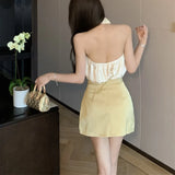 Anokhinaliza Summer New Korean Backless Pleated Sexy Satin Camisole Women + High Waist Embroidered Casual A-line Skirt Two-piece Suit