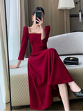 Anokhinaliza Women Casual Folds Midi Dress French Elegant Long Sleeve A Line Party Dresses Spring Autumn Vintage Solid Clothes Female