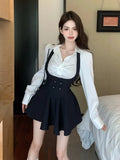 Anokhinaliza Woman Preppy Style Mini Dress 3 Piece Set Korean Elegant White Shirt + Short Blazers Coat Outfits Spring Fashion Y2K Uniform