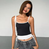 Anokhinaliza Black and White Patchwork Lace Up Camisole Sexy Casual Basic Chic Women Crop Top Skinny Summer Pleated Tank Tops 2024