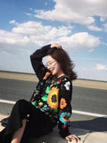 Anokhinaliza Vintage Womens Clothing Embroidered Floral Pullover Black Sweater Women Loose O Neck Knitwears Tops Fashion Sueter Mujer