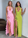 Anokhinaliza 2024 Sleeveless Backless High Slit Ruffles Holiday Dresses Women Sexy Elegant Bandage Halter Neck Flowers Long Maxi Beach Dress