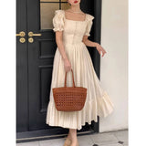 Anokhinaliza Elegant Square Collar White Dress Summer Fashion Puff Sleeve Ruffle Dress for Women 2024 Chic Vintage Maxi Dresses 2024  New