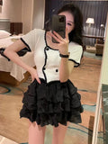 Anokhinaliza Summer France Elegant Two Piece Set Women Korean Vintage Party Mini Skirt Set Female Casual Knit Tops + Fashion Skirt