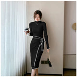 Anokhinaliza Elegant Fashions Knitted Midi Dresses for Women Autumn Winter Slim Lace Up Long Sleeve Bottoming Sweater Female Clothing