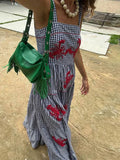 Anokhinaliza Embroidered Graphic Sling Dress Women Summer Casual Loose Sleeveless Plaid Maxi Dresses 2024 New Summer Chic Fashion Vestidos