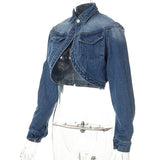 Anokhinaliza Women Jeans Cardigan Turn Down Collar Long Sleeve Pockets Single Button Short Denim Jackets Crop Tops Female Casual Coats