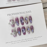 Anokhinaliza 10Pcs Purple French Ballet Handmade Press On Nails Space Planet Diamonds Decoration Wearable Fake Nails Full Cover Y2k Nail Tips