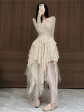 Anokhinaliza French Vintage Irregular Fairy Dress Spring Long Sleeve Lace Up Spliced Birthday Party Vestidos Women Clothing